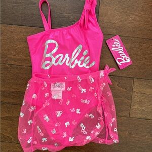 Barbie Hot Pink Mesh Tie-Skirt Swim Set with Silver Logo
